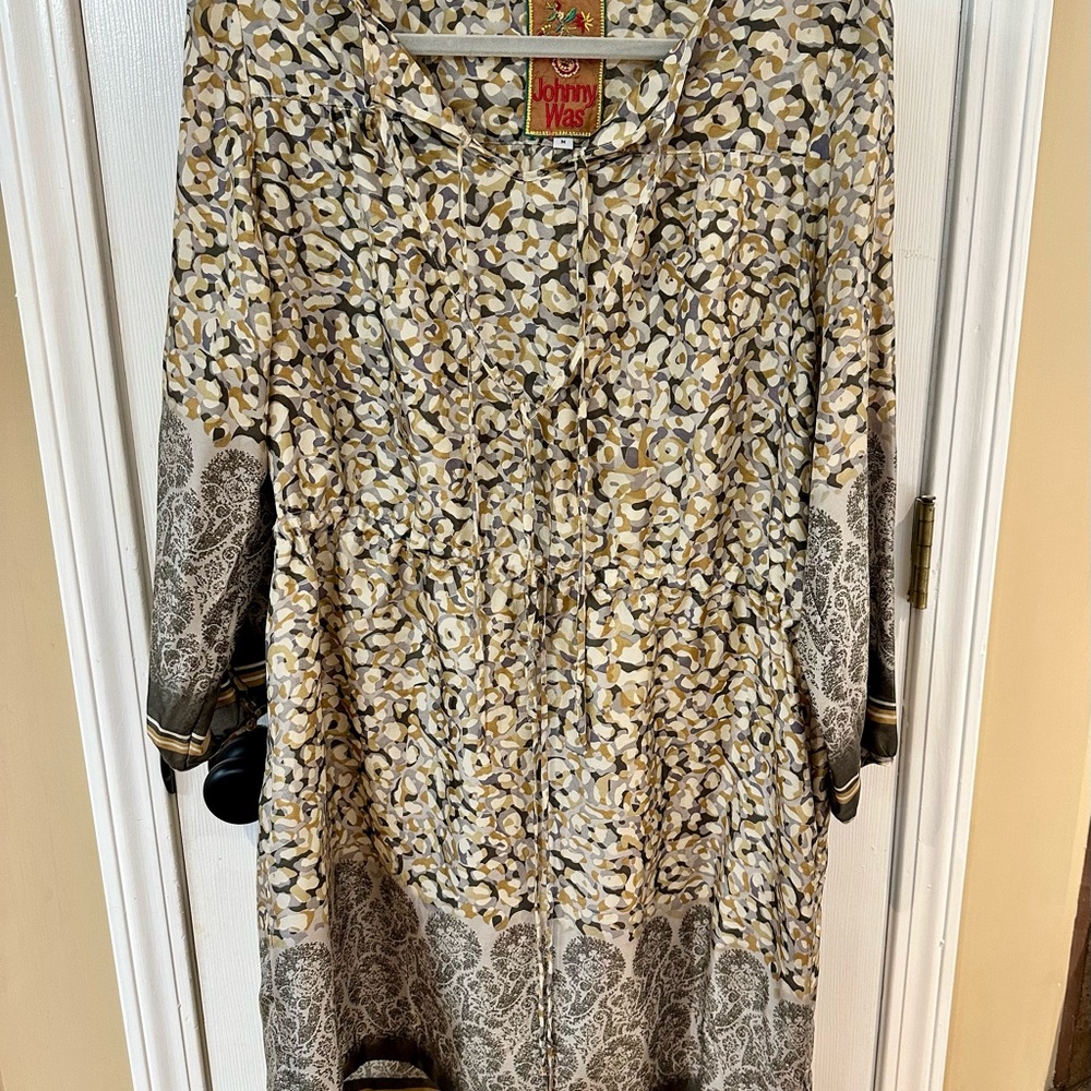 Johnny Was Floral and Paisley Dress in Gray and Gold